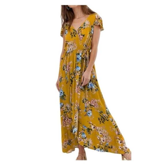 Band Of Gypsies NWT Gold Floral Faux Wrap Ruffle Hem Flutter Sleeve Maxi Dress M - Picture 1 of 16